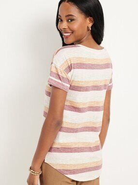 👚 Maurices 24/7 Dawson Maroon Yellow Pink White Striped Drop Shoulder Tee Large
